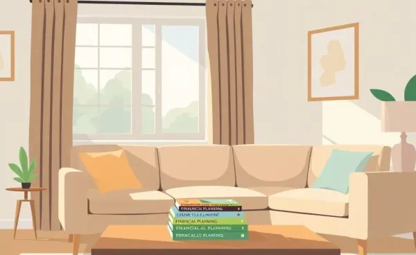 A warm and inviting living room with a stack of financial planning books on the table.