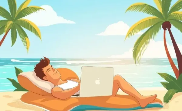 A person lounging on a Brazilian beach with a laptop looking relaxed.