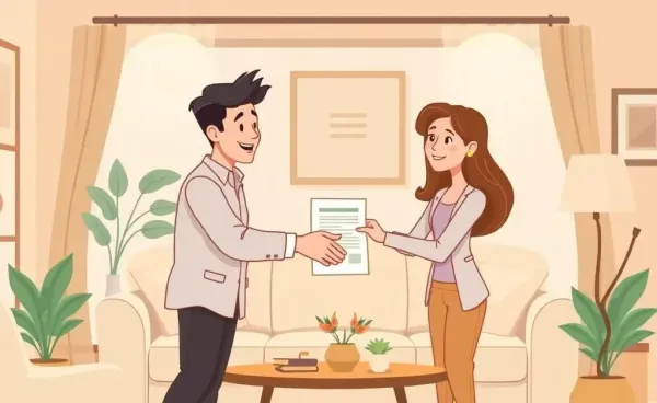 Two people shaking hands over a loan document in a cozy living room