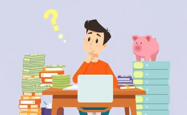 A person contemplating paying off loans early, surrounded by bills and a piggy bank