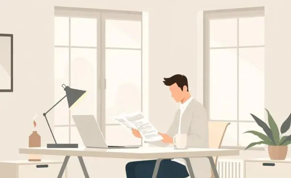 A person reviewing loan documents at a desk with a laptop and coffee cup