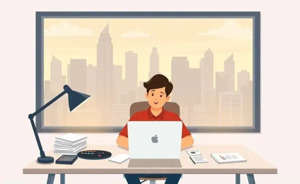 Cartoon of a desk with loan papers and Atlanta skyline