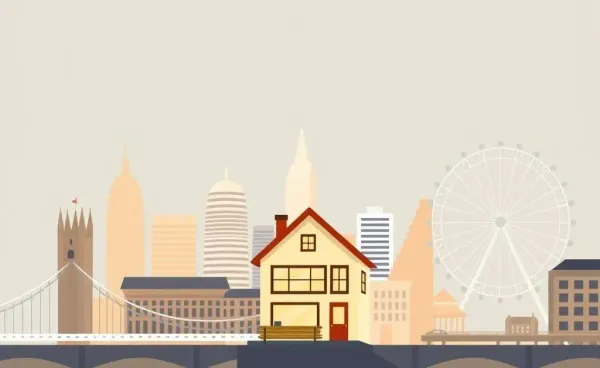 Illustration of a London cityscape with a cozy home among landmarks