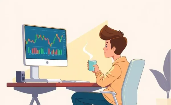 Person analyzing stock charts at a desk with coffee.