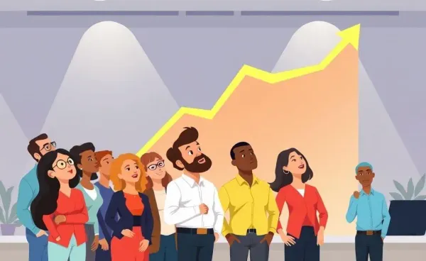 A diverse group of investors calmly observing a rising stock chart.