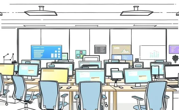 Office showing transition between different software interfaces on computer screens