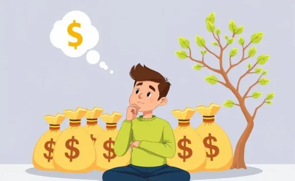 A person contemplating various investment options with money bags and arrows.