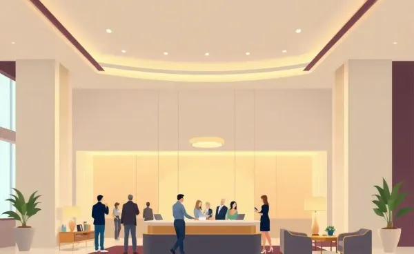 A luxurious hotel lobby with guests checking in.