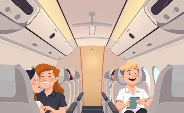 Cartoon of a luxurious airplane cabin with content passengers