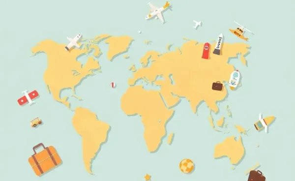 Cozy cartoon-style image of a world map with travel icons.