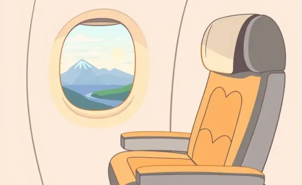 A luxurious first-class airplane seat with a scenic view