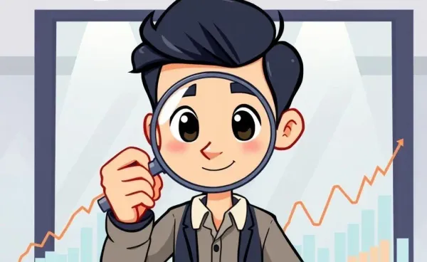 Cartoon person analyzing investment charts with a magnifying glass