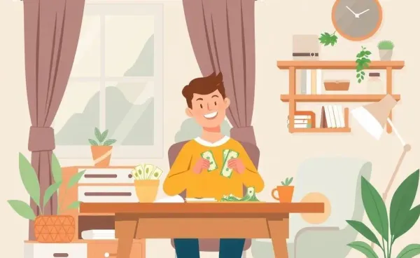 A cozy home setting with a person counting cash at a tidy desk