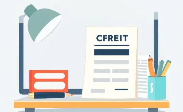 A cartoon-style workspace with a credit report and a pen for financial management