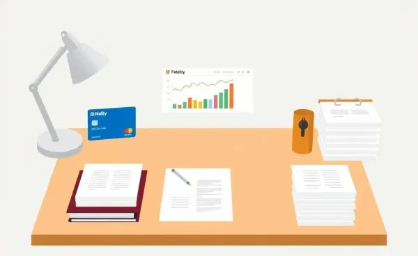 A desk set up for managing Fidelity rewards with financial documents and a laptop