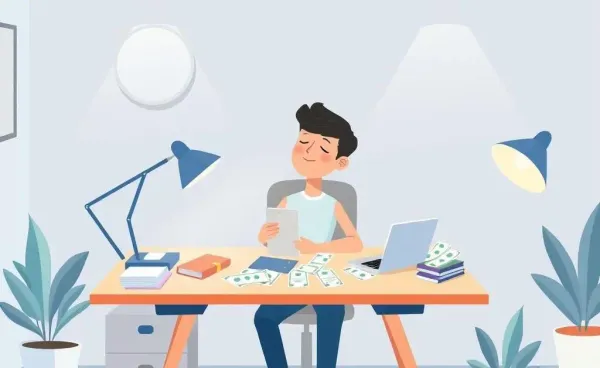 Person managing finances at a desk with bills and laptop