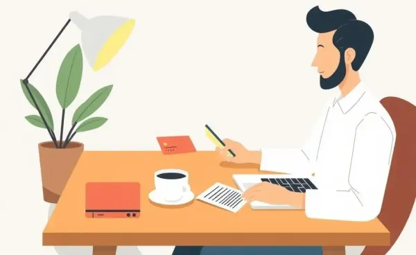 Someone managing finances with a cup of coffee and a laptop.