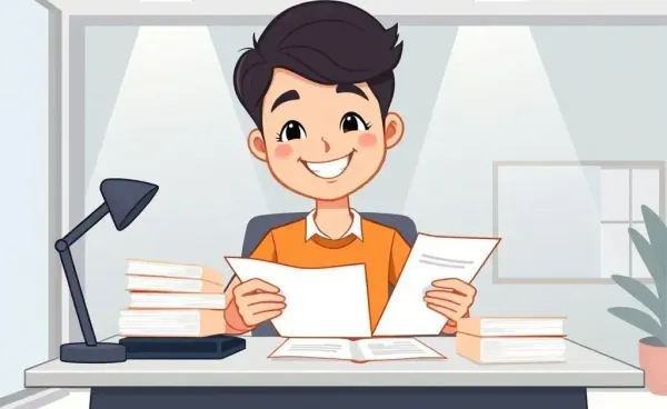 Cartoon of a person managing health insurance paperwork at a desk