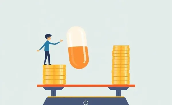 Illustration of balancing medication and finances on a scale