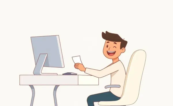 A person managing unexpected bills at a computer desk with a smile.