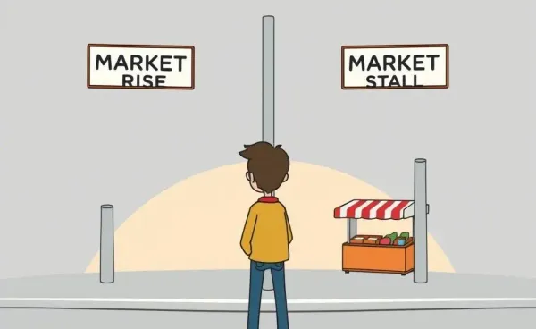 Person at a crossroads labeled Market Rise and Market Stall