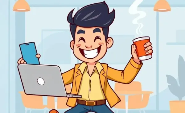 Cartoon of a marketing rep juggling tasks