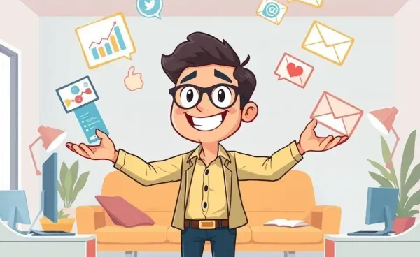 Marketing representative juggling various tasks in a cartoon style