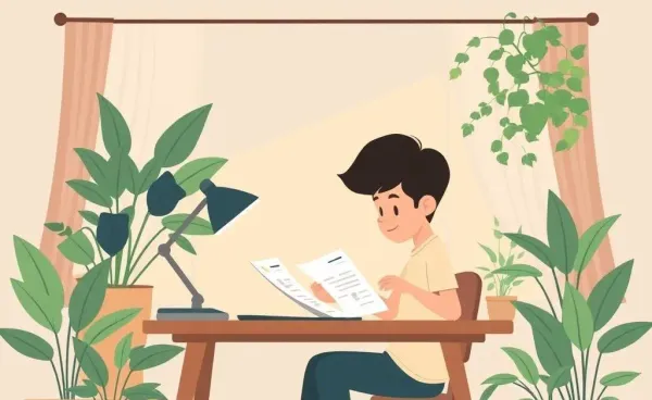 A cartoon image of a person studying financial documents at a cozy desk.