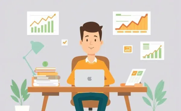 Illustration of a person at a desk analyzing growth ETF charts