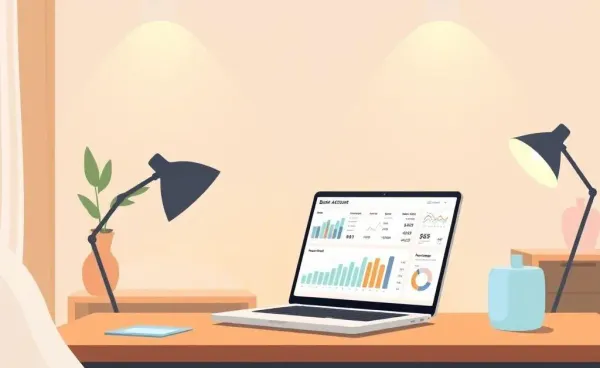 A cozy home office with a laptop displaying a bank account dashboard