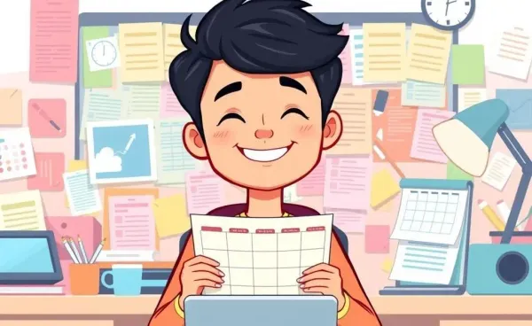 Person smiling with a busy schedule planner