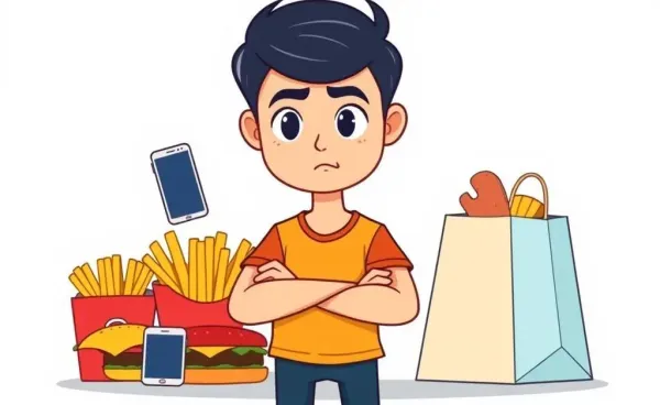 Illustration of a person resisting temptations such as unhealthy food and gadgets