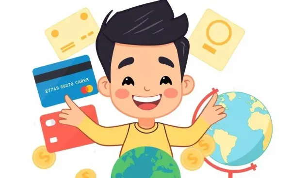A cheerful person surrounded by credit cards and rewards points