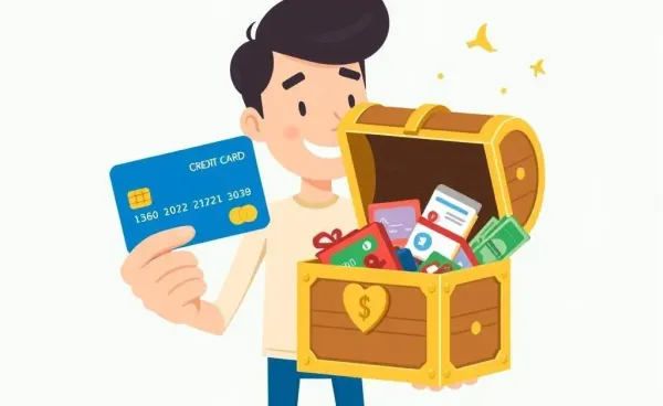 Person holding a credit card and a treasure chest with rewards