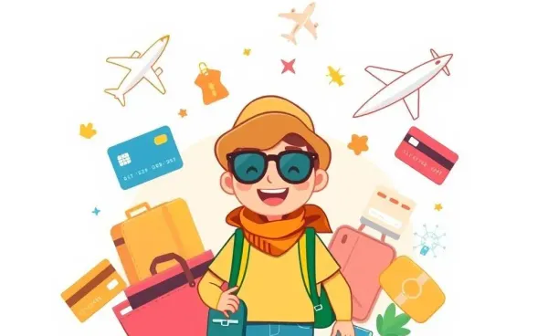 Traveler surrounded by credit cards and airplane icons
