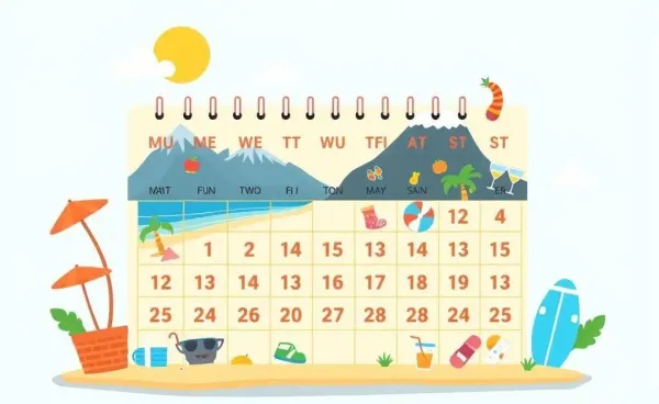 Cartoon calendar filled with vacation icons representing different activities.