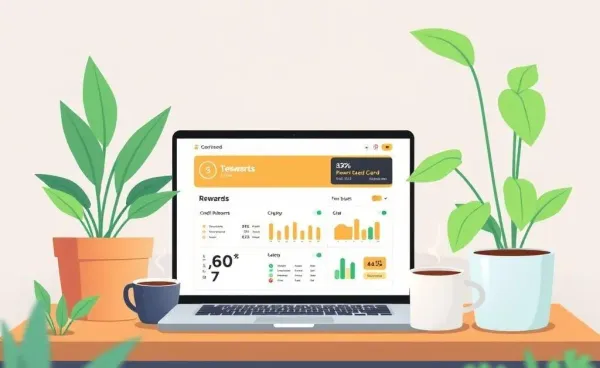A cozy nook with a laptop displaying a credit card rewards dashboard