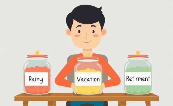 A cartoon-style image of saving jars at a desk symbolizing different financial goals