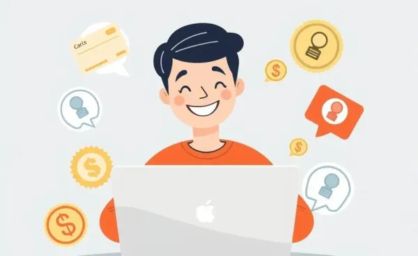 Person managing credit card rewards on a laptop with icons like travel, cashback, and points around them.