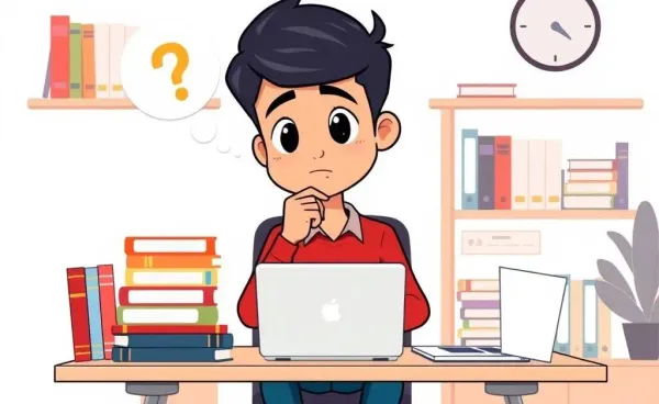 Illustration of a person at a desk pondering an MBA decision.