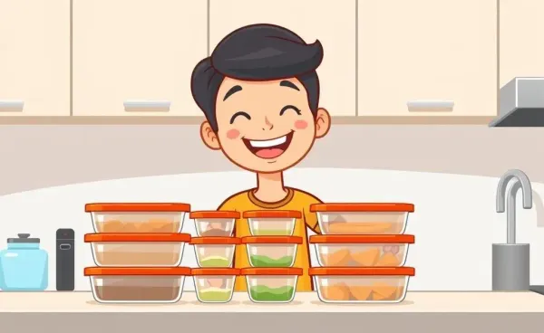 A joyful individual organizing meal prep containers on a kitchen counter.