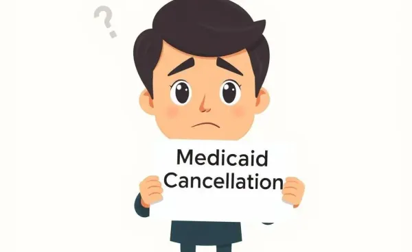 Illustration of a concerned person holding a Medicaid cancellation notice.