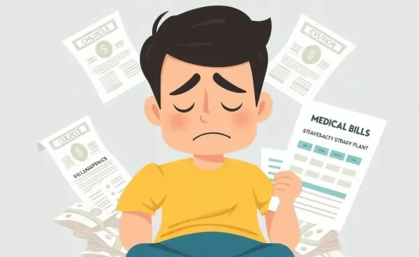 A stressed person surrounded by medical bills and a financial strategy plan.