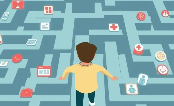 Illustration of a person navigating a medical imaging maze
