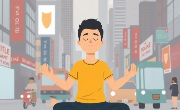 A person meditating amidst a bustling city