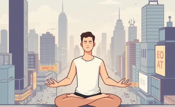 A person meditating with a busy city in the background, illustrating peace amidst chaos.