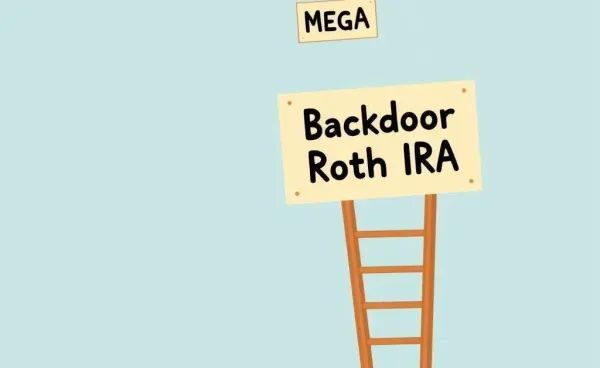 A cartoon showing a person climbing towards a Mega Backdoor Roth IRA sign.