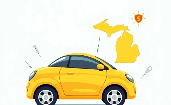 Illustration of a cartoon car with a Michigan map and insurance symbols