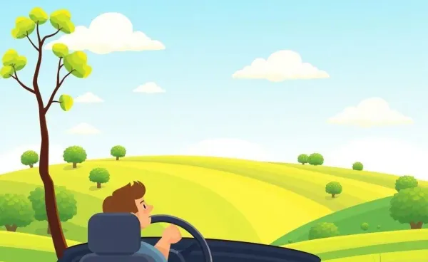 A cartoon-style illustration of a calm person driving a car through a lush, sunny Michigan landscape.