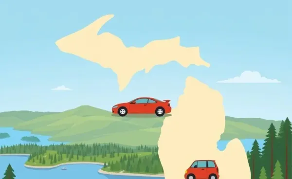 Illustration of Michigan with car insurance elements